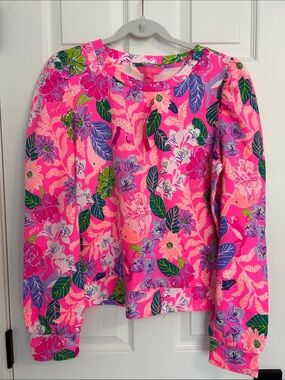 Lilly Pulitzer Jansen Puff-Sleeve Sweatshirt in “Pink Isle Best of Friends” prin
